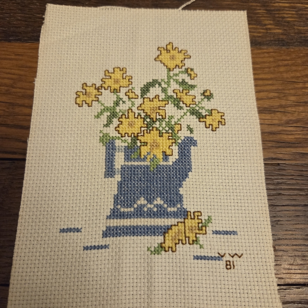 Vintage Completed Finished Cross Stitch Yellow Flower with Blue Watering Can